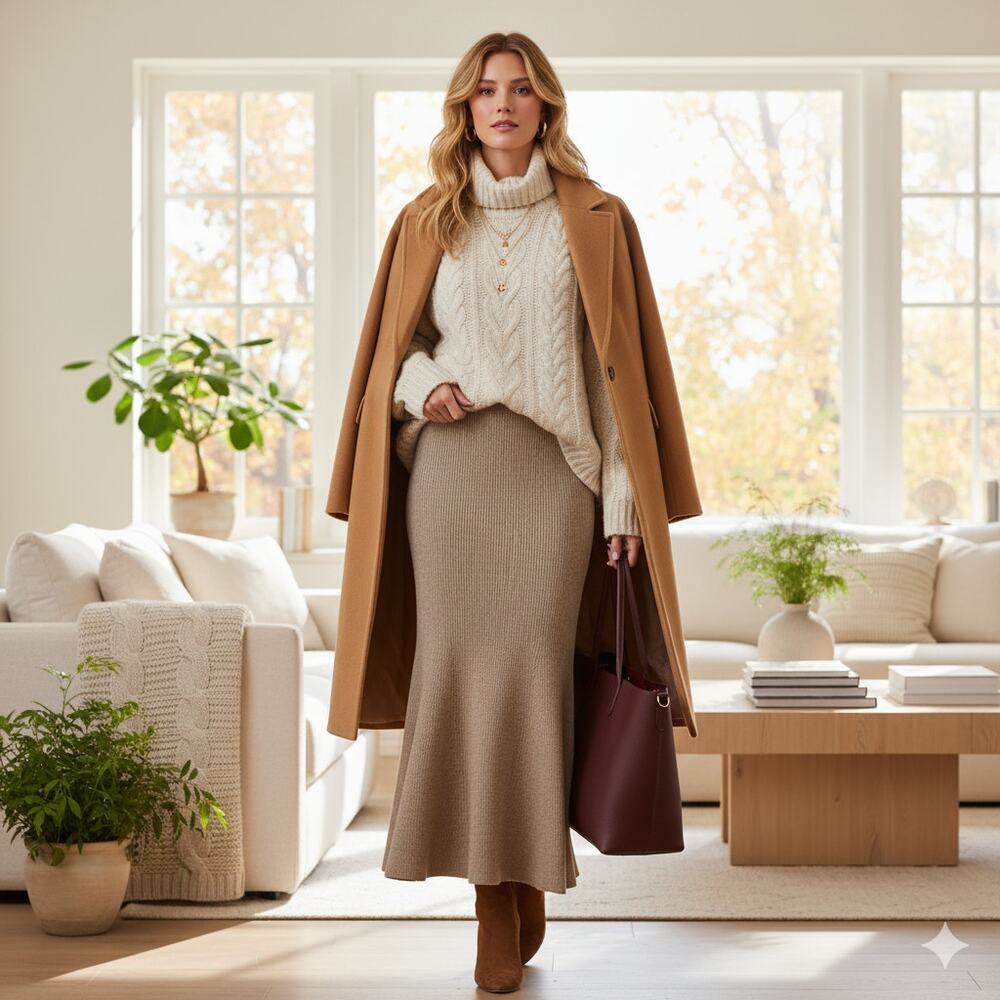 En Saison Beige Gweneth Pull-on Ribbed Trumpet Skirt